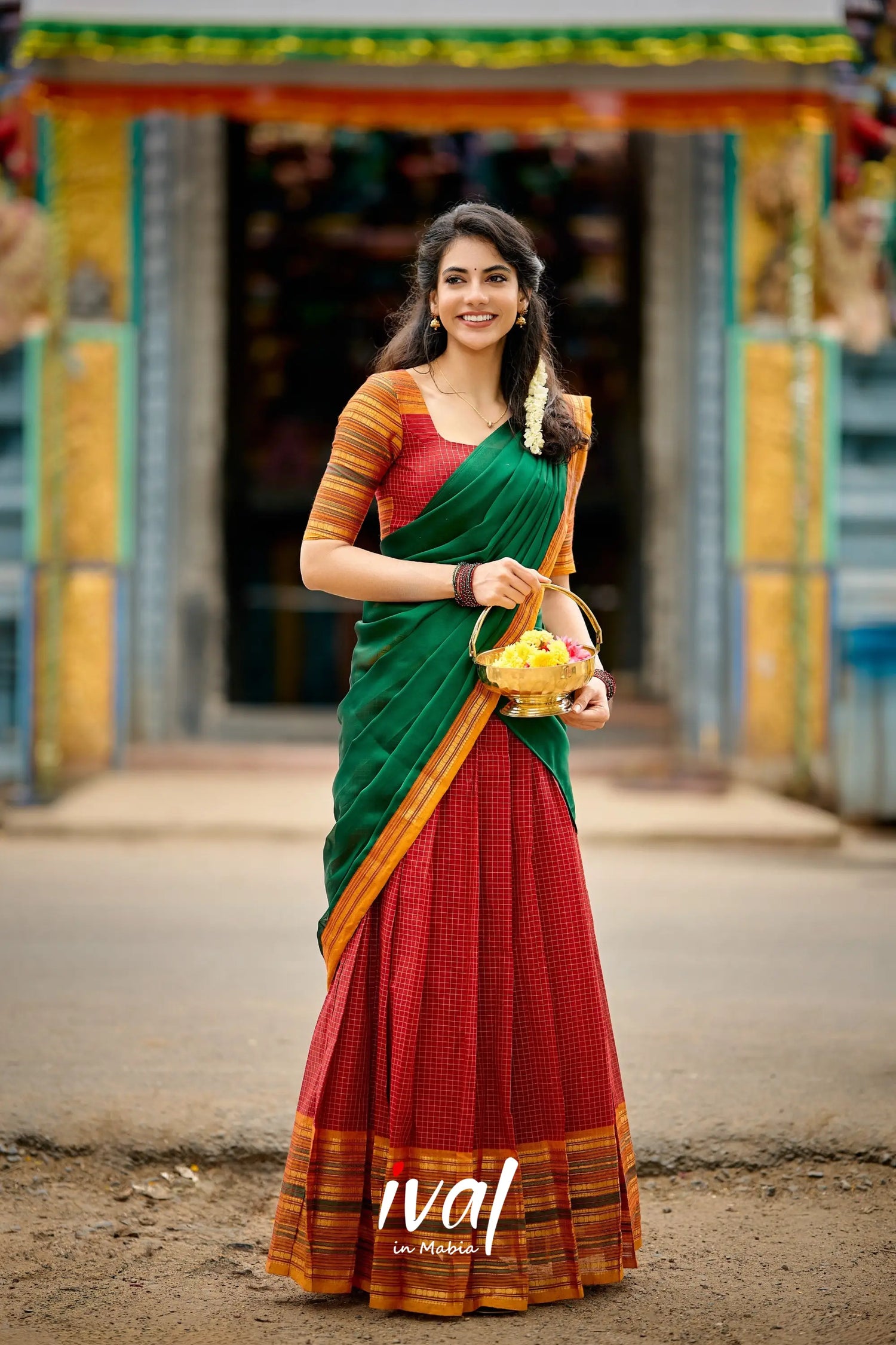 Padmaja Cotton Halfsaree - Maroon And Bottle Green Half Sarees