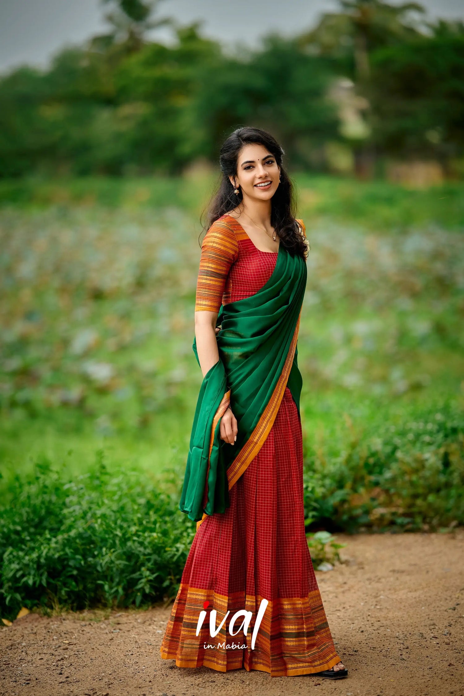 Padmaja Cotton Halfsaree - Maroon And Bottle Green Half Sarees