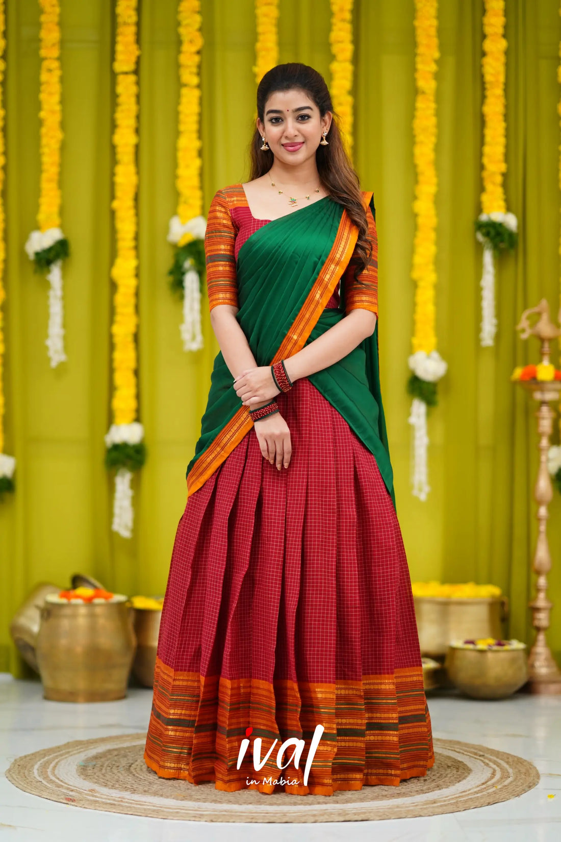 Padmaja Cotton Halfsaree - Maroon And Bottle Green Half Sarees