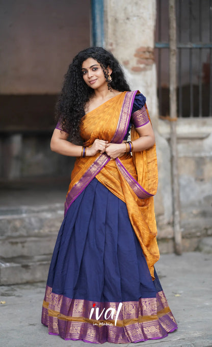 Padmaja Cotton Halfsaree - Navy Blue And Mustard Half Sarees