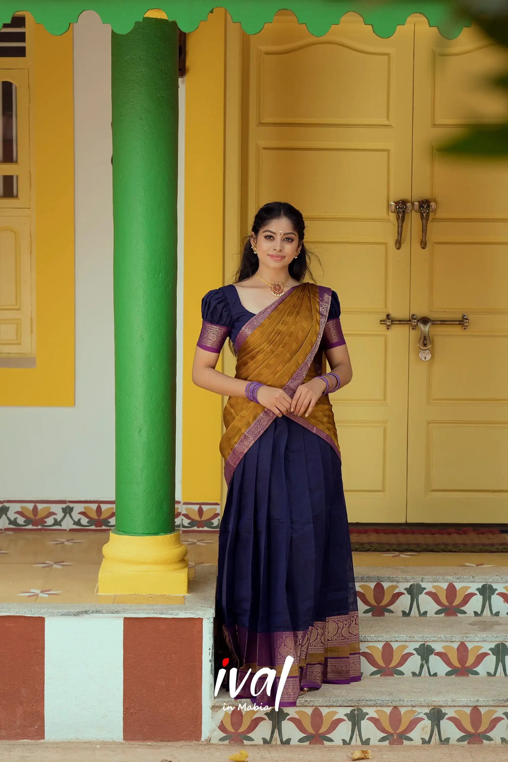 Padmaja - Navy Blue And Mustard Cotton Halfsaree Half Sarees