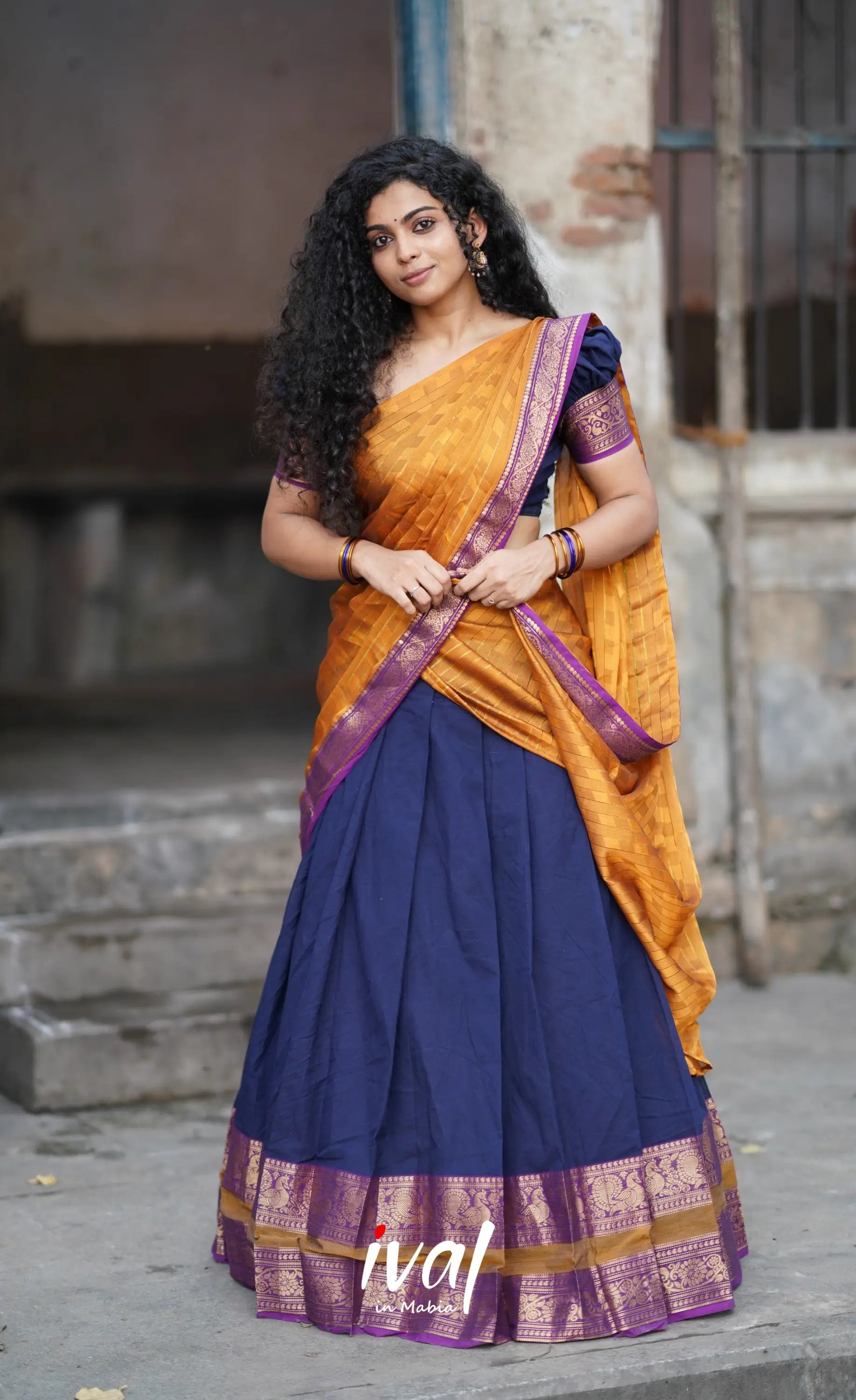 Padmaja Cotton Halfsaree - Navy Blue And Mustard Half Sarees