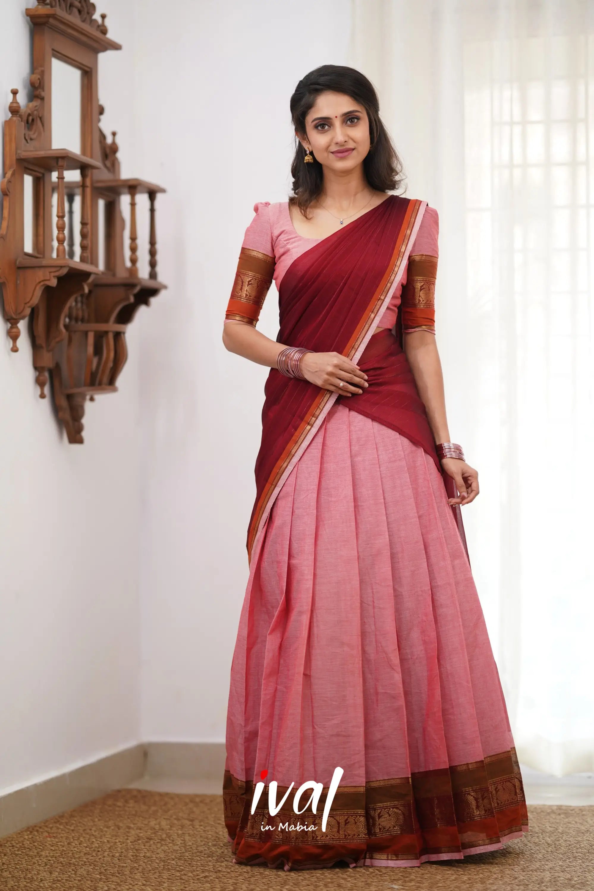 Padmaja Cotton Halfsaree - Pink And Reddish Maroon Half Sarees