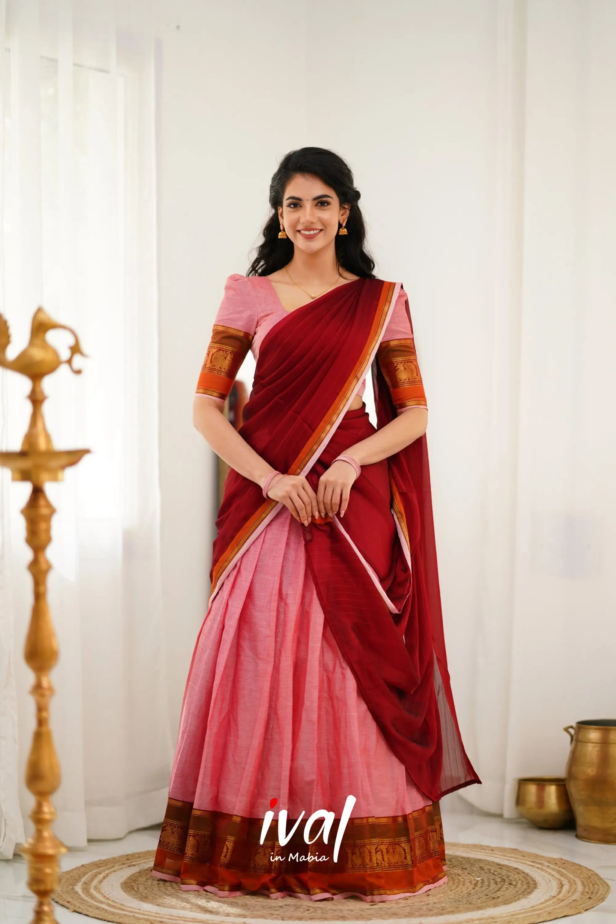 Padmaja Cotton Halfsaree - Pink And Reddish Maroon Half Sarees