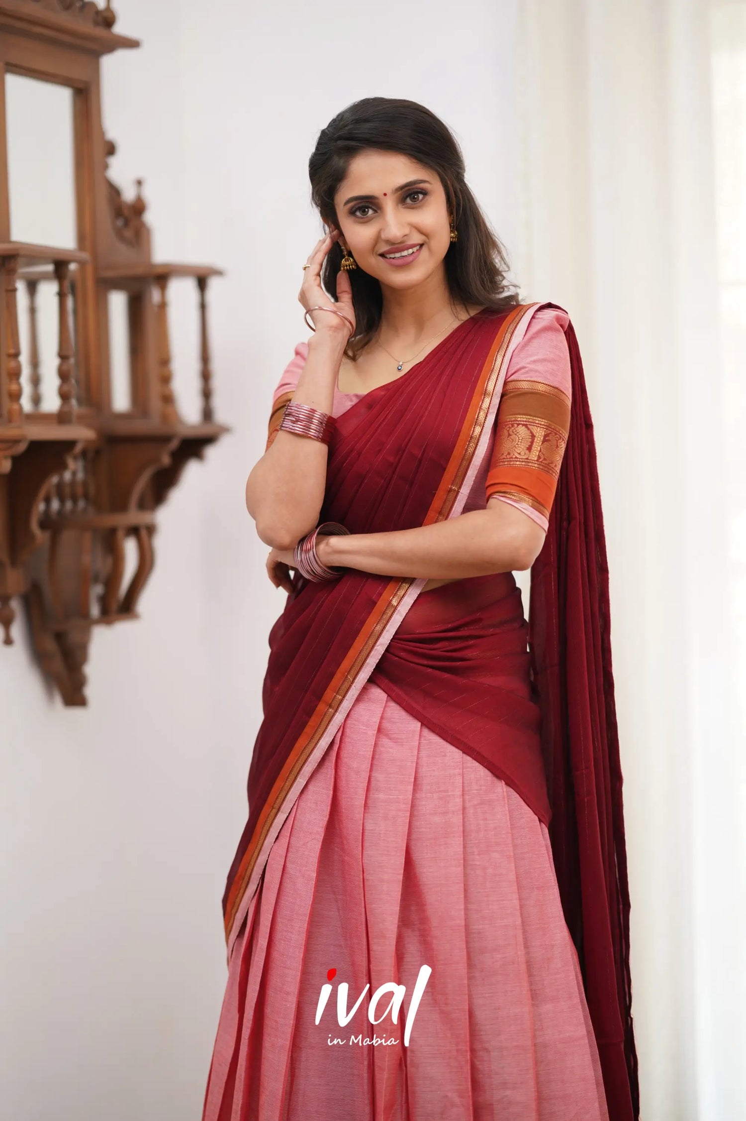 Padmaja Cotton Halfsaree - Pink And Reddish Maroon Half Sarees