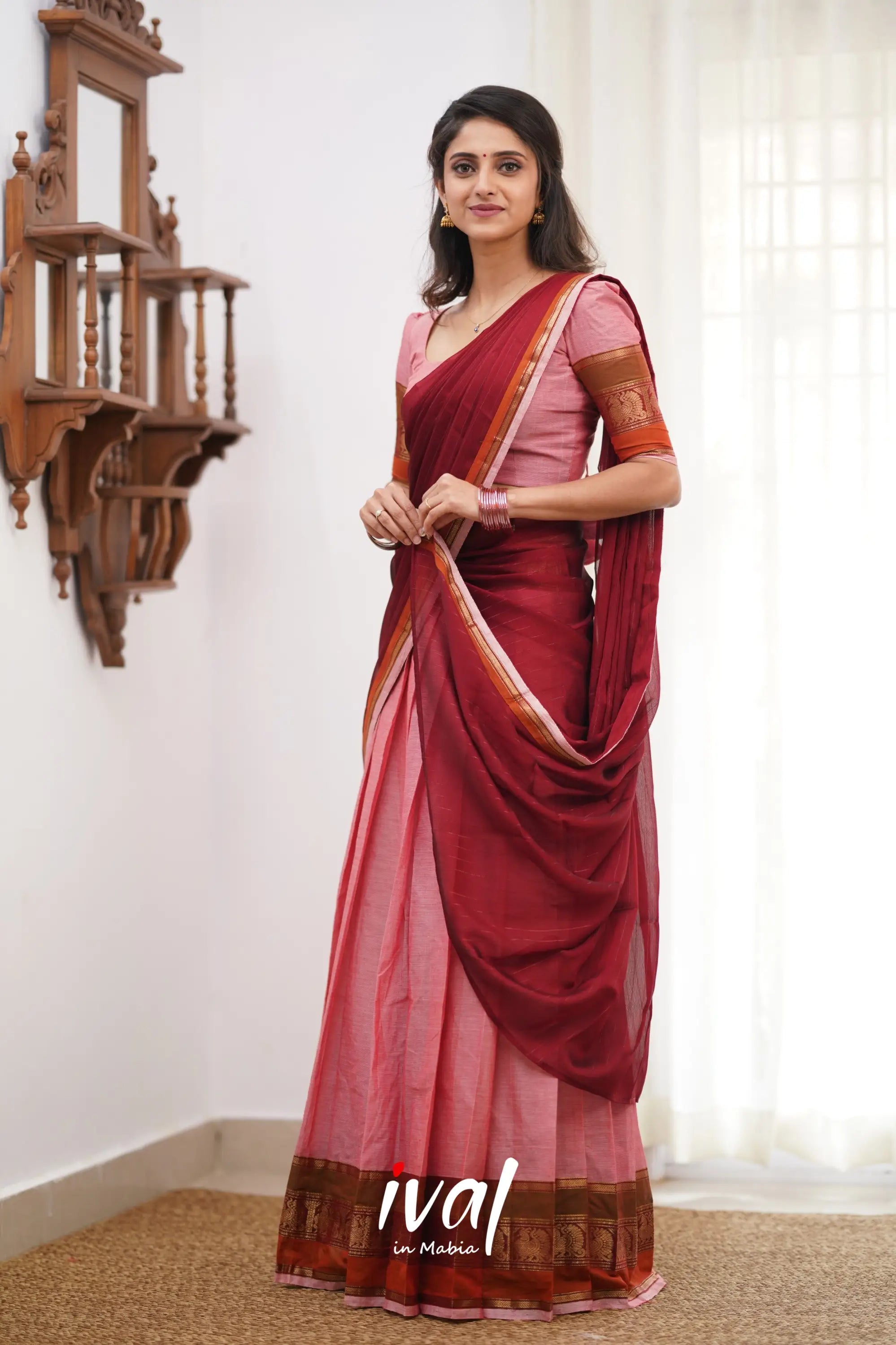 Padmaja Cotton Halfsaree - Pink And Reddish Maroon Half Sarees