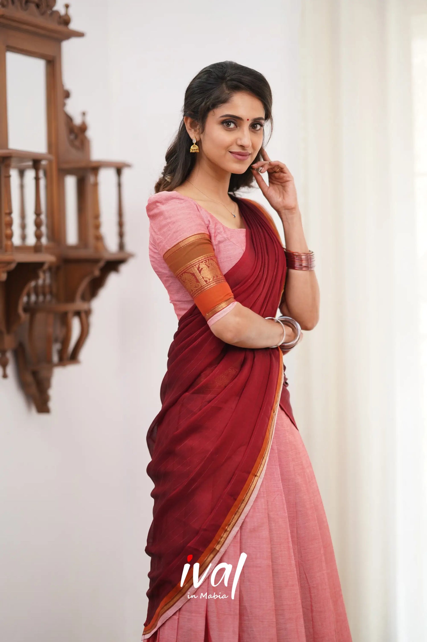 Padmaja Cotton Halfsaree - Pink And Reddish Maroon Half Sarees