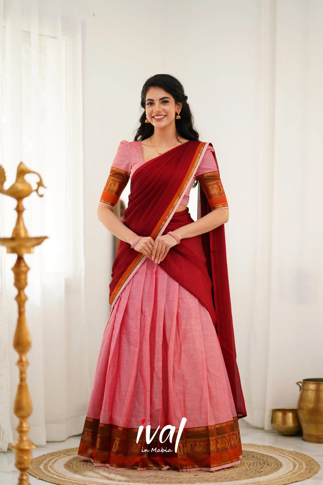 Padmaja Cotton Halfsaree - Pink And Reddish Maroon Half Sarees