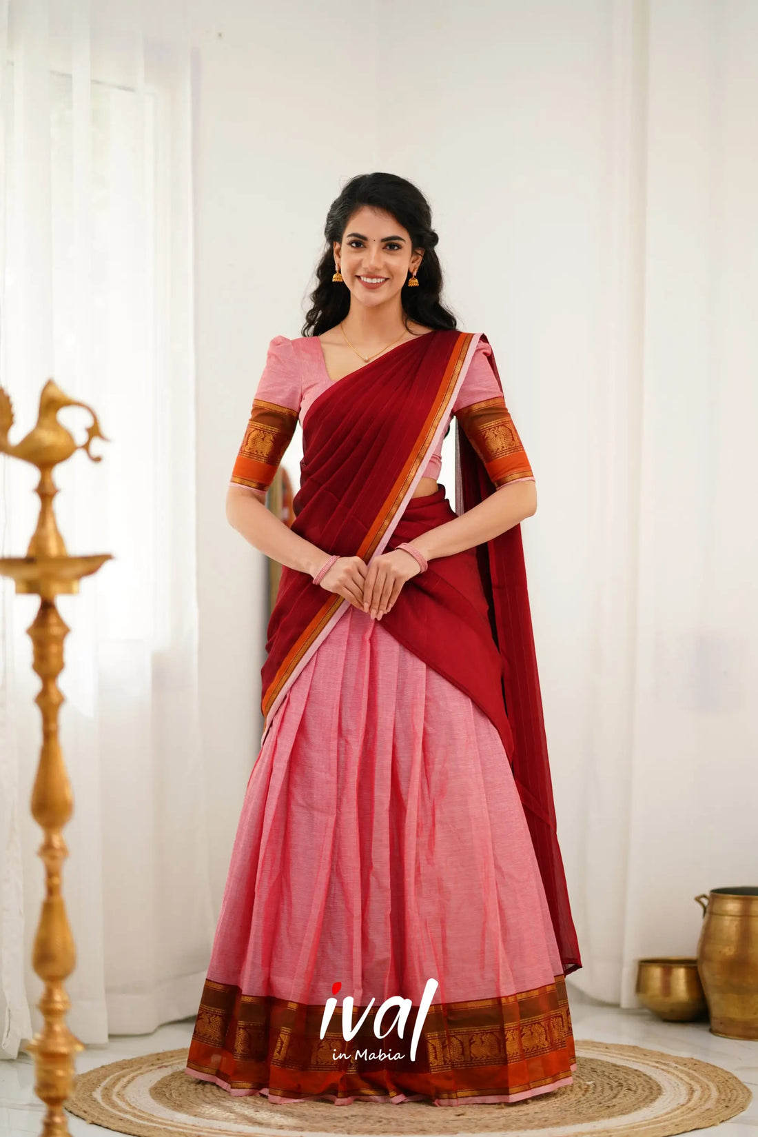 Padmaja Cotton Halfsaree - Pink And Reddish Maroon Half Sarees