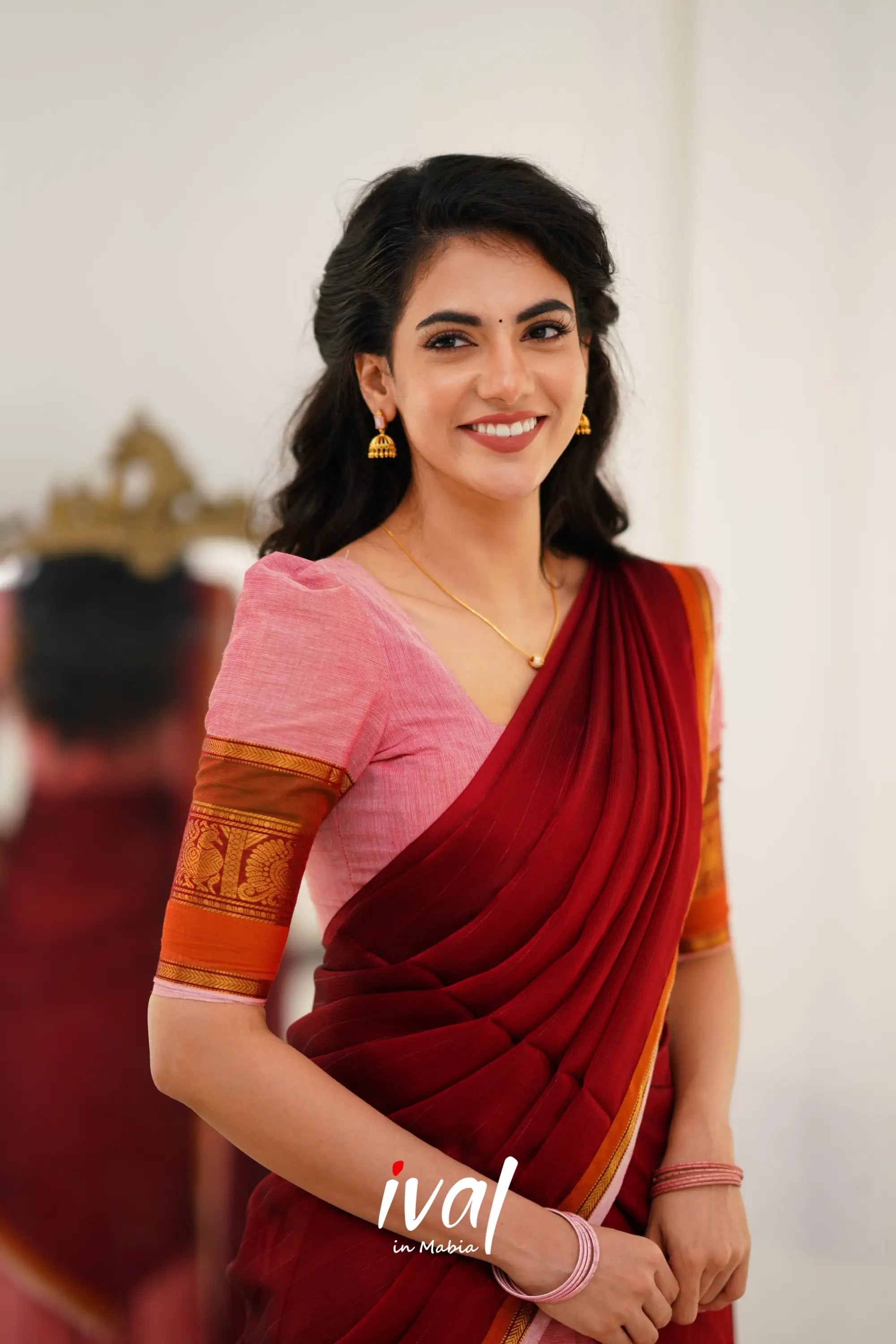 Padmaja Cotton Halfsaree - Pink And Reddish Maroon Half Sarees