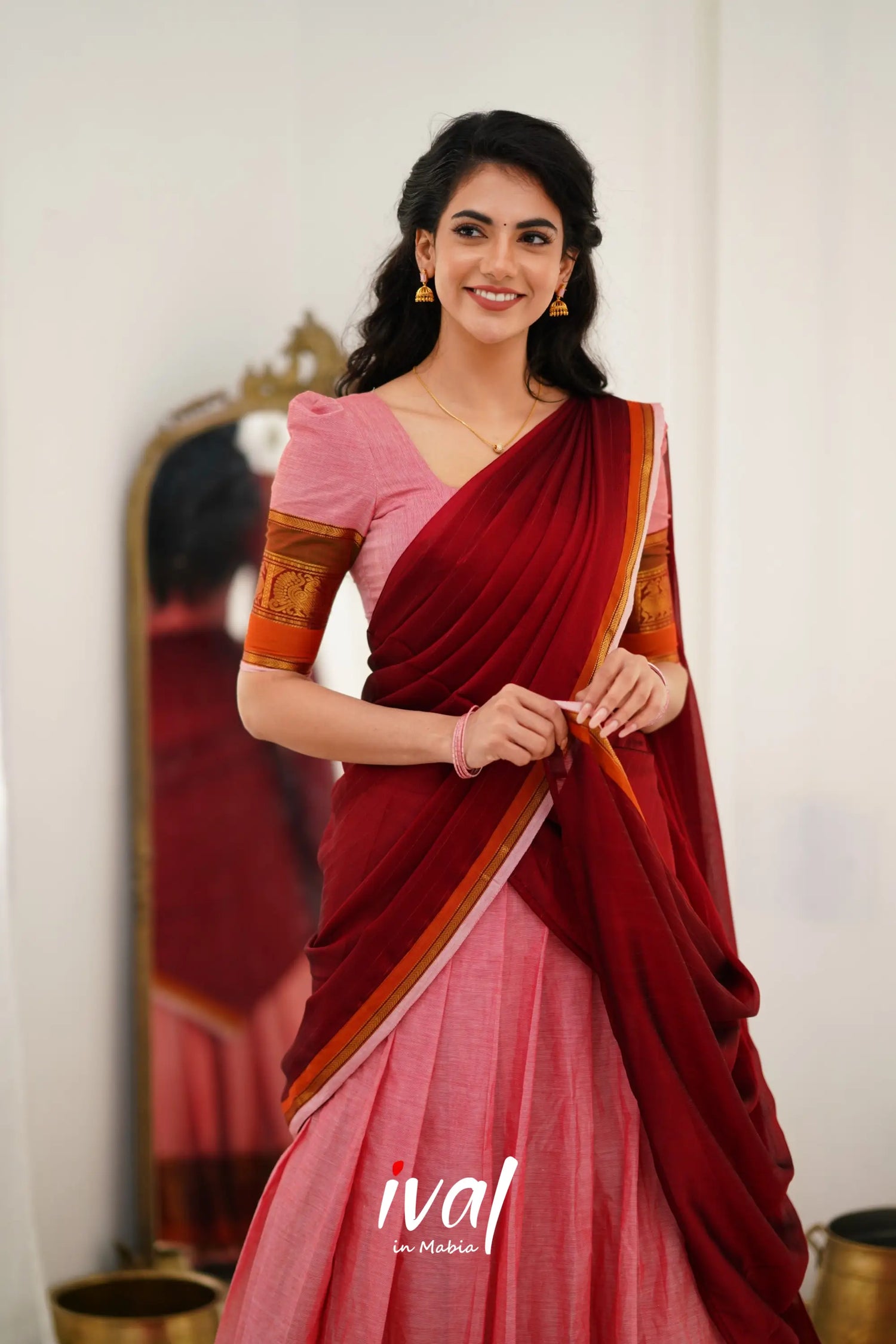 Padmaja Cotton Halfsaree - Pink And Reddish Maroon Half Sarees