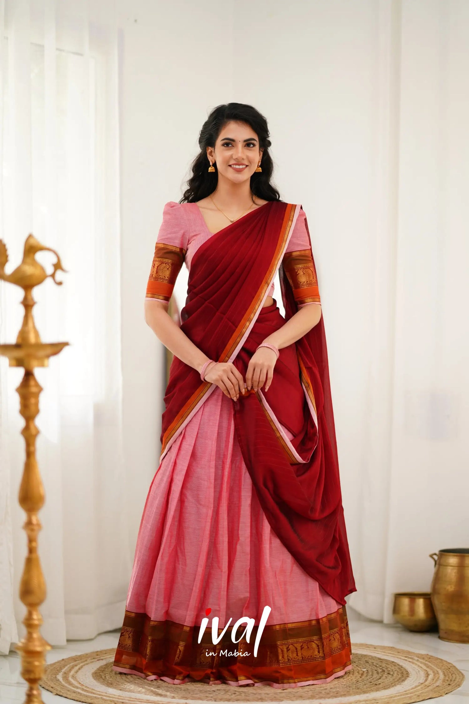 Padmaja Cotton Halfsaree - Pink And Reddish Maroon Half Sarees