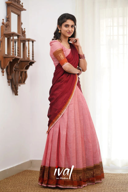 Padmaja Cotton Halfsaree - Pink And Reddish Maroon Half Sarees