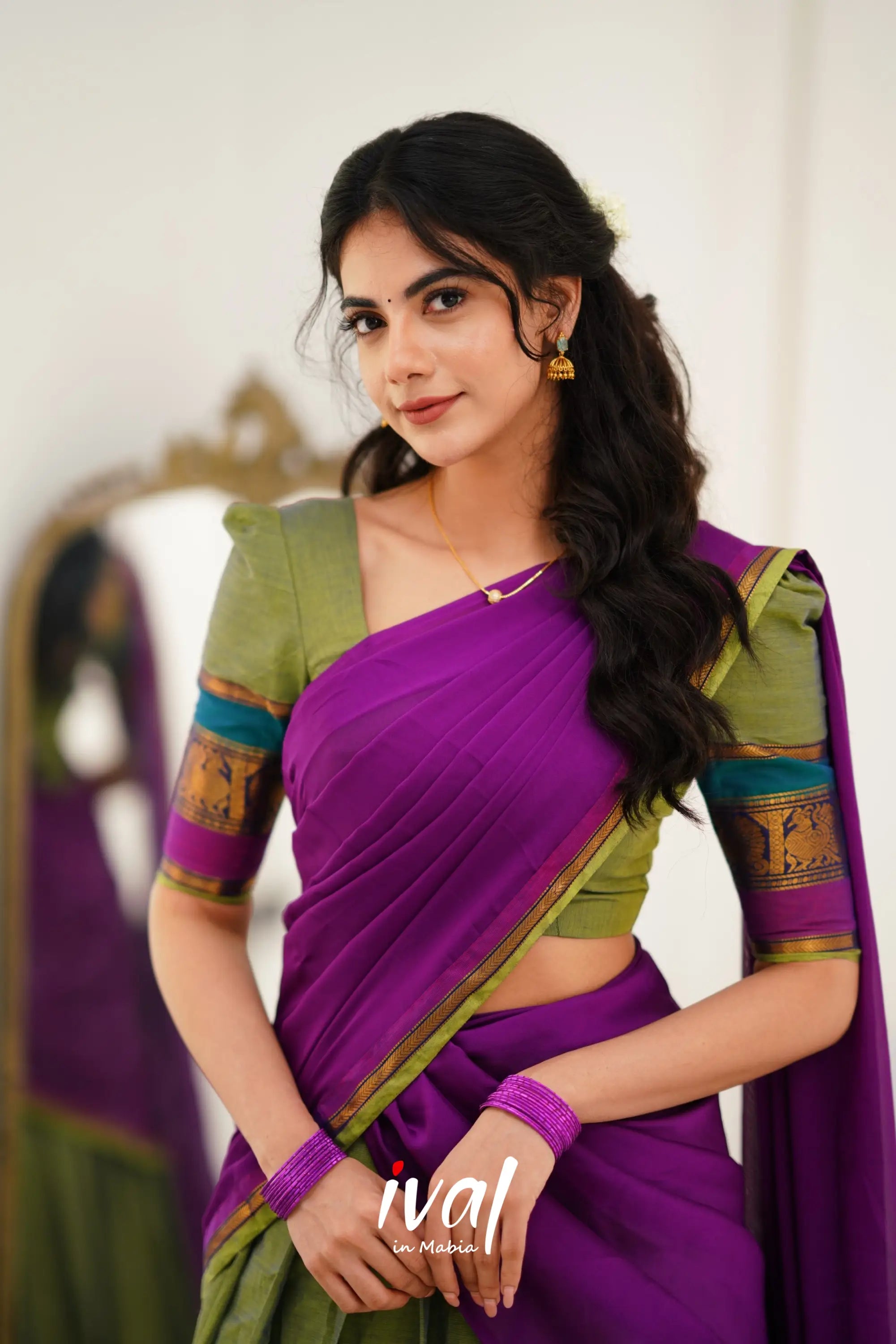 Padmaja Cotton Halfsaree - Two Tone Green And Ink Blue Half Sarees