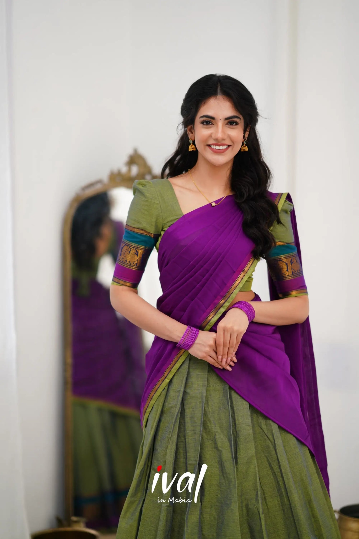 Padmaja Cotton Halfsaree - Two Tone Green And Ink Blue Half Sarees