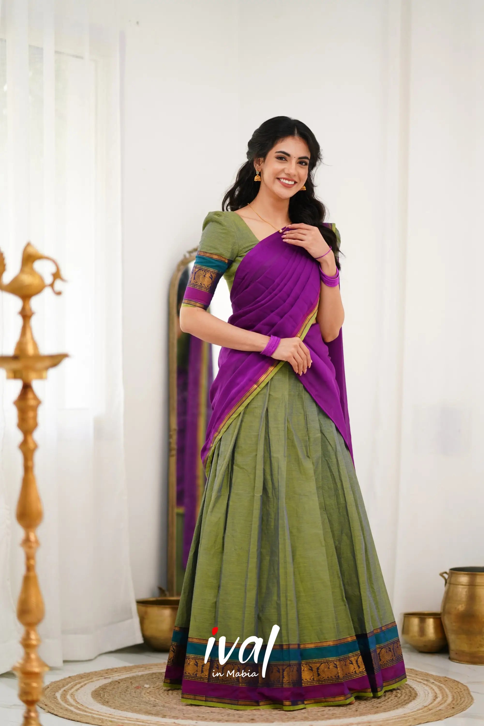 Padmaja Cotton Halfsaree - Two Tone Green And Ink Blue Half Sarees