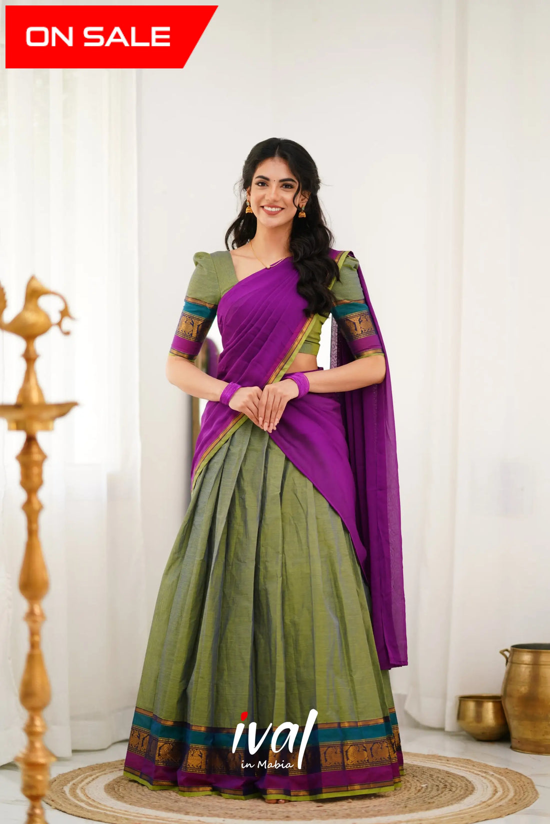 Padmaja Cotton Halfsaree - Two Tone Green And Ink Blue Half Sarees