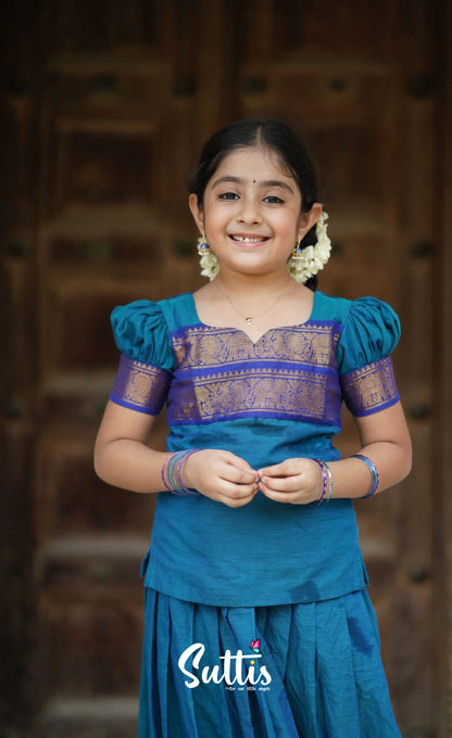 Padmaja Cotton Pavadai Sattai - Blue Kids-Suttis