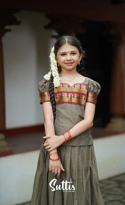 Padmaja Cotton Pavadai Sattai - Greyish Brown Kids-Suttis