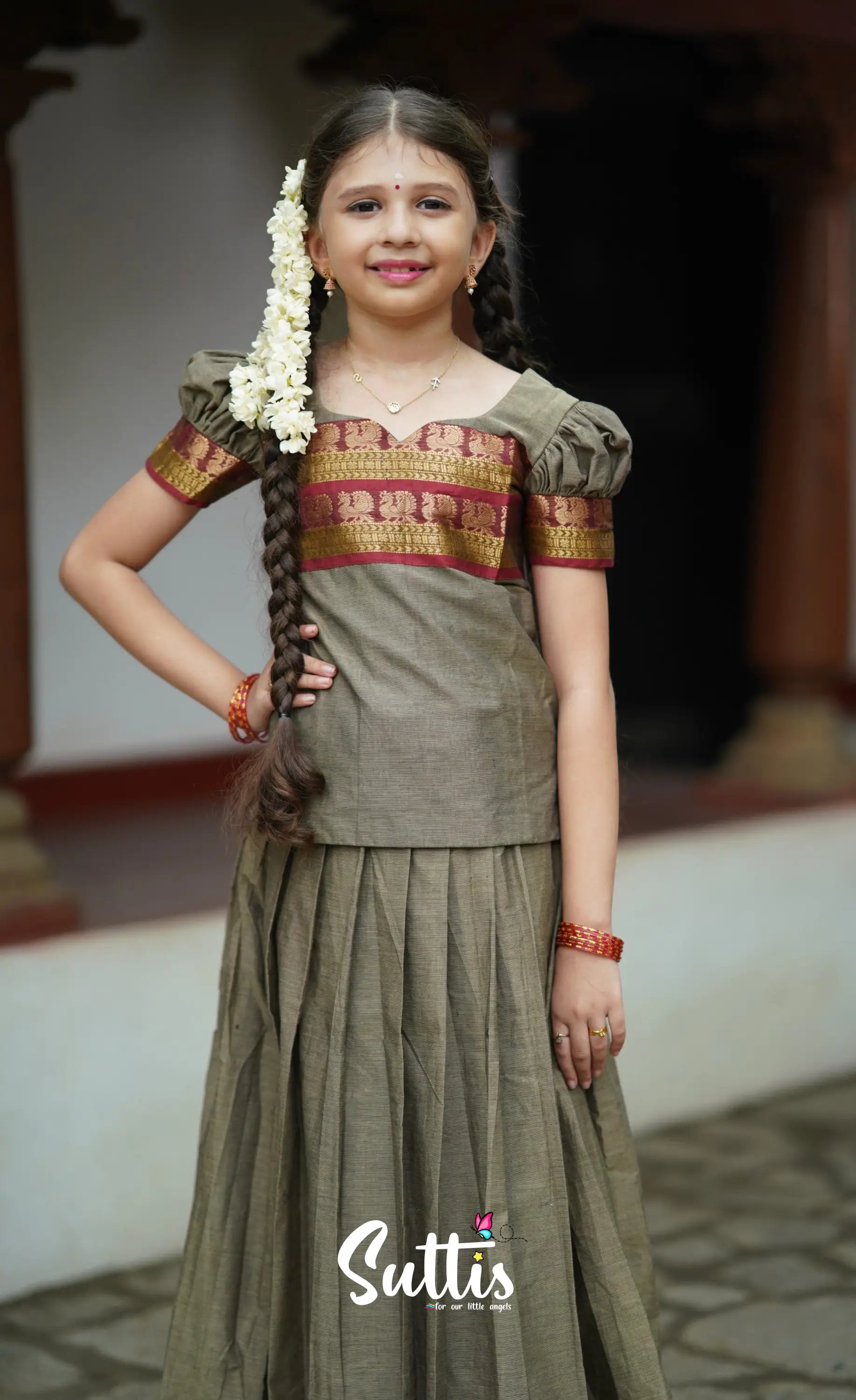 Padmaja Cotton Pavadai Sattai - Greyish Brown Kids-Suttis