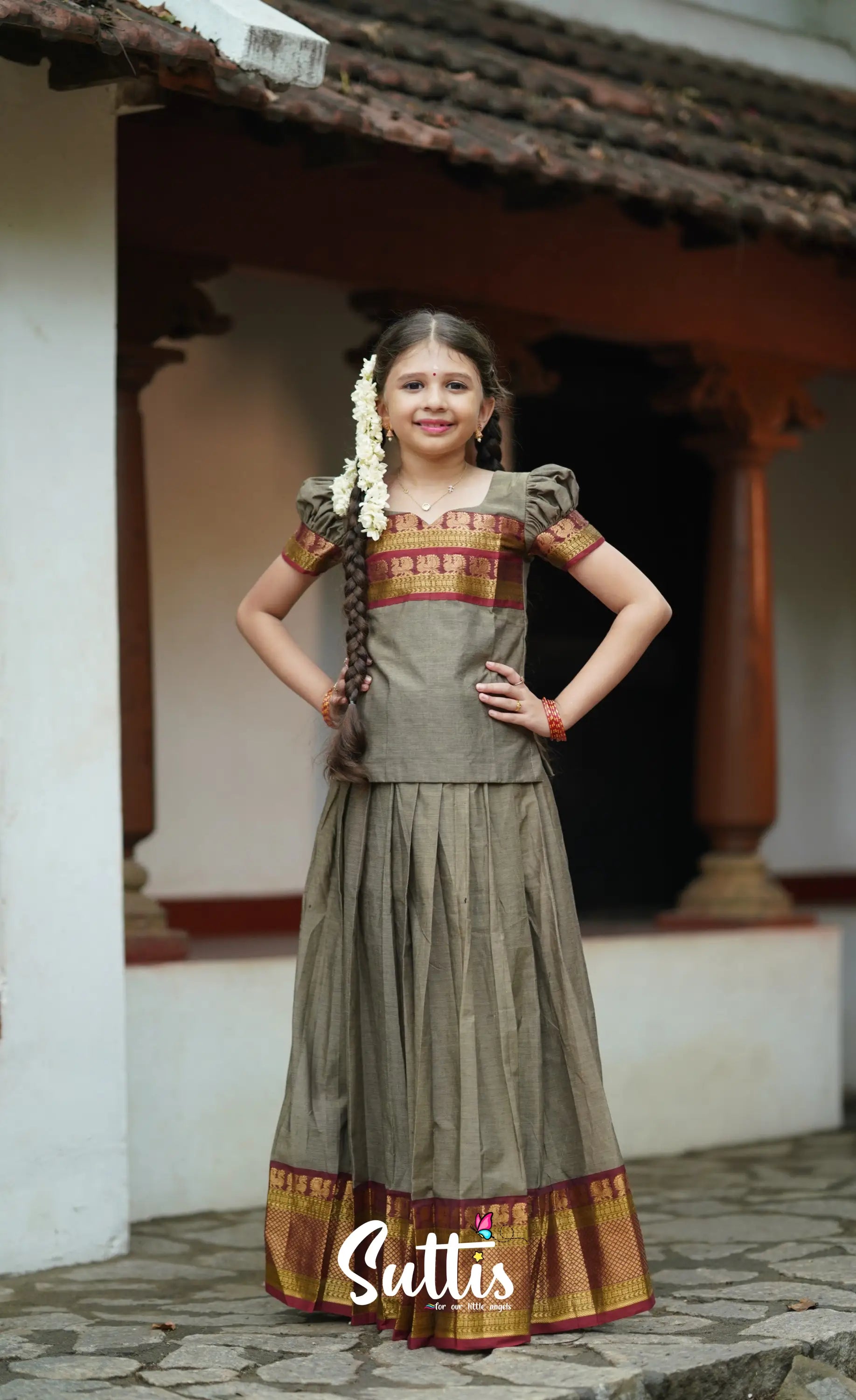 Padmaja Cotton Pavadai Sattai - Greyish Brown Kids-Suttis