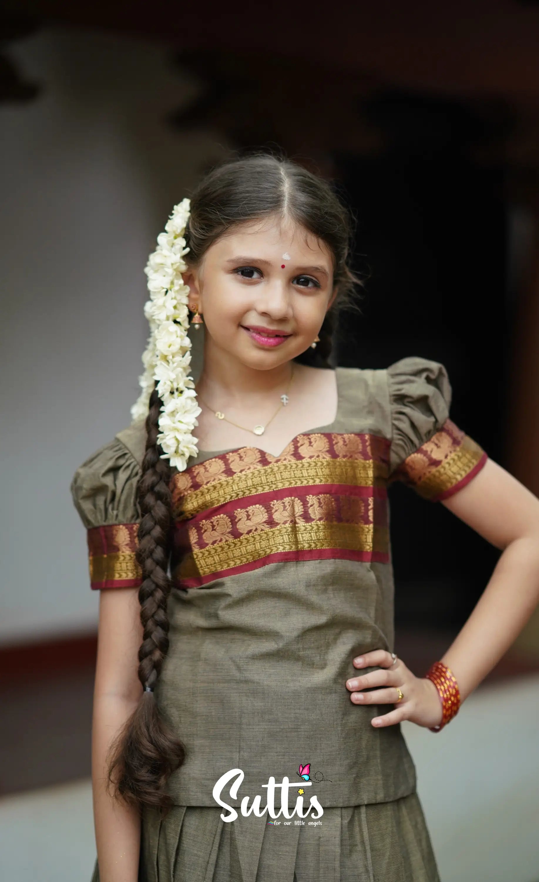 Padmaja Cotton Pavadai Sattai - Greyish Brown Kids-Suttis