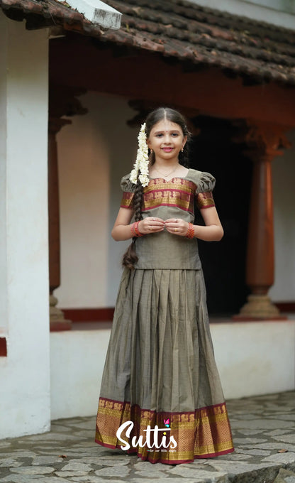 Padmaja Cotton Pavadai Sattai - Greyish Brown Kids-Suttis