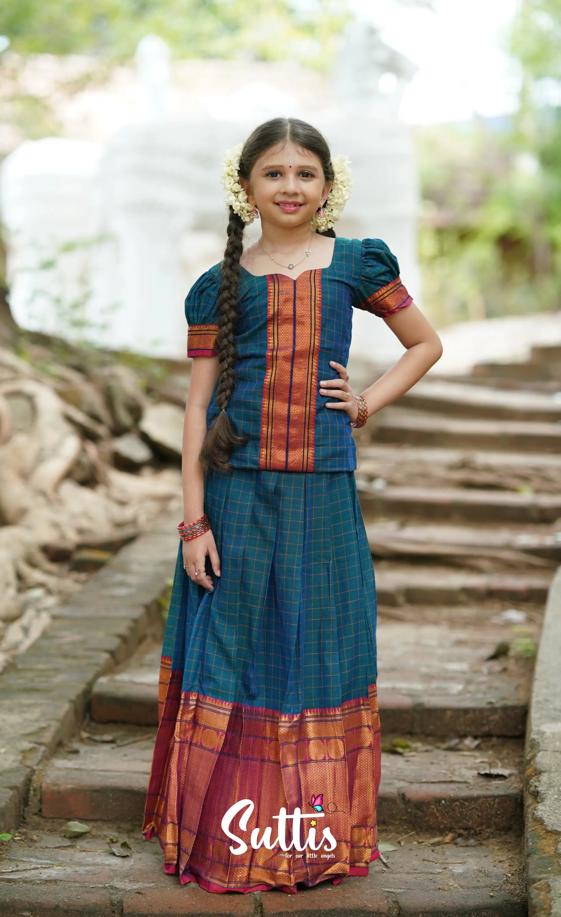 Padmaja Cotton Pavadai Sattai - Peacock Blue Kids-Suttis