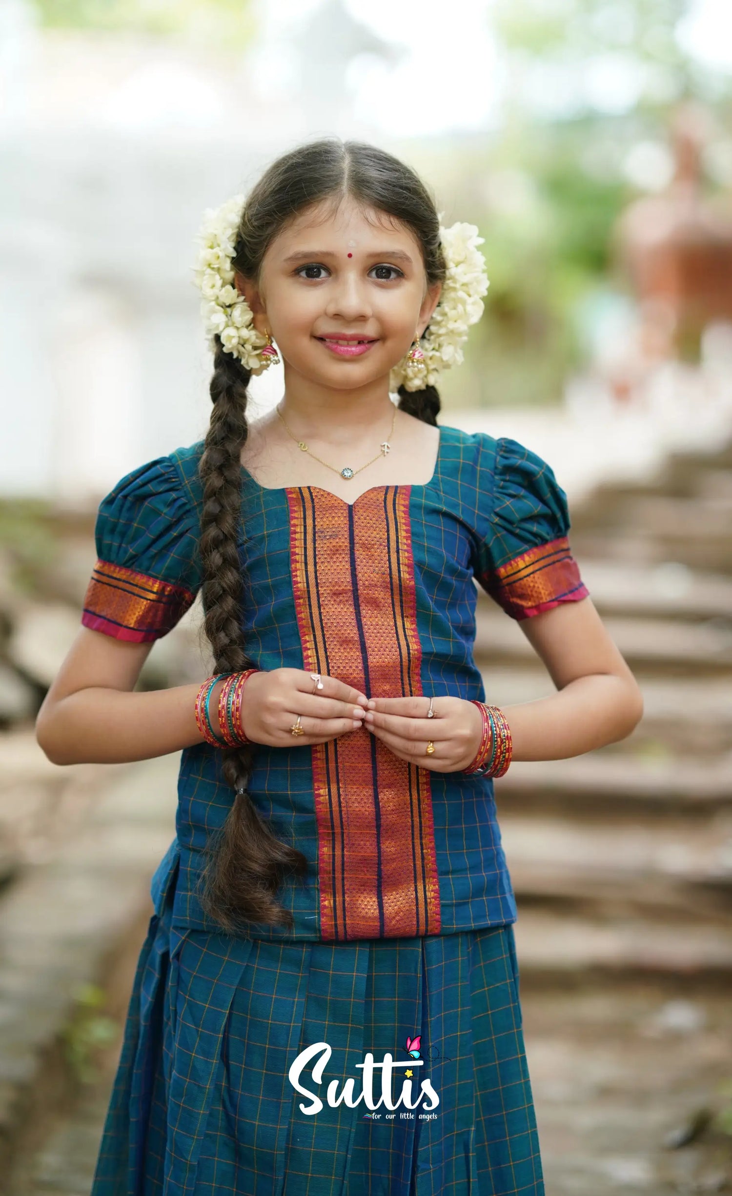 Padmaja Cotton Pavadai Sattai - Peacock Blue Kids-Suttis