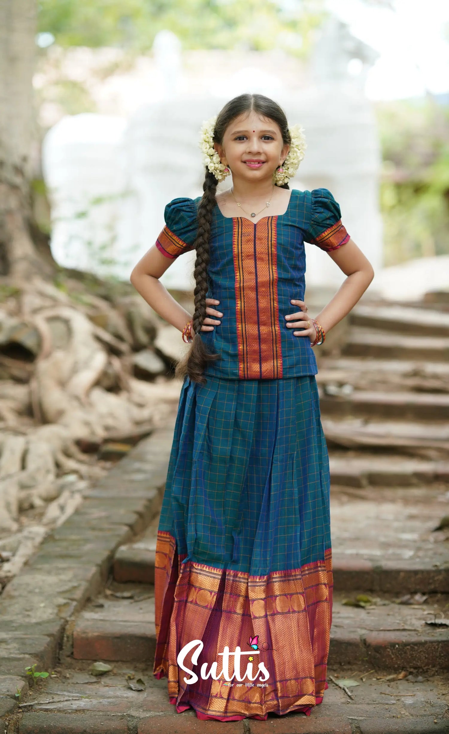 Padmaja Cotton Pavadai Sattai - Peacock Blue Kids-Suttis