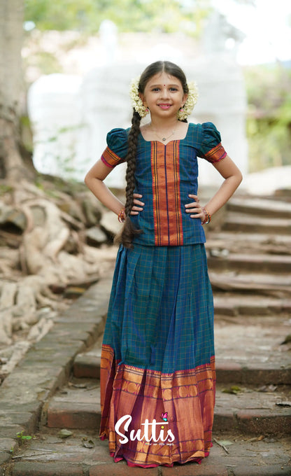 Padmaja Cotton Pavadai Sattai - Peacock Blue Kids-Suttis