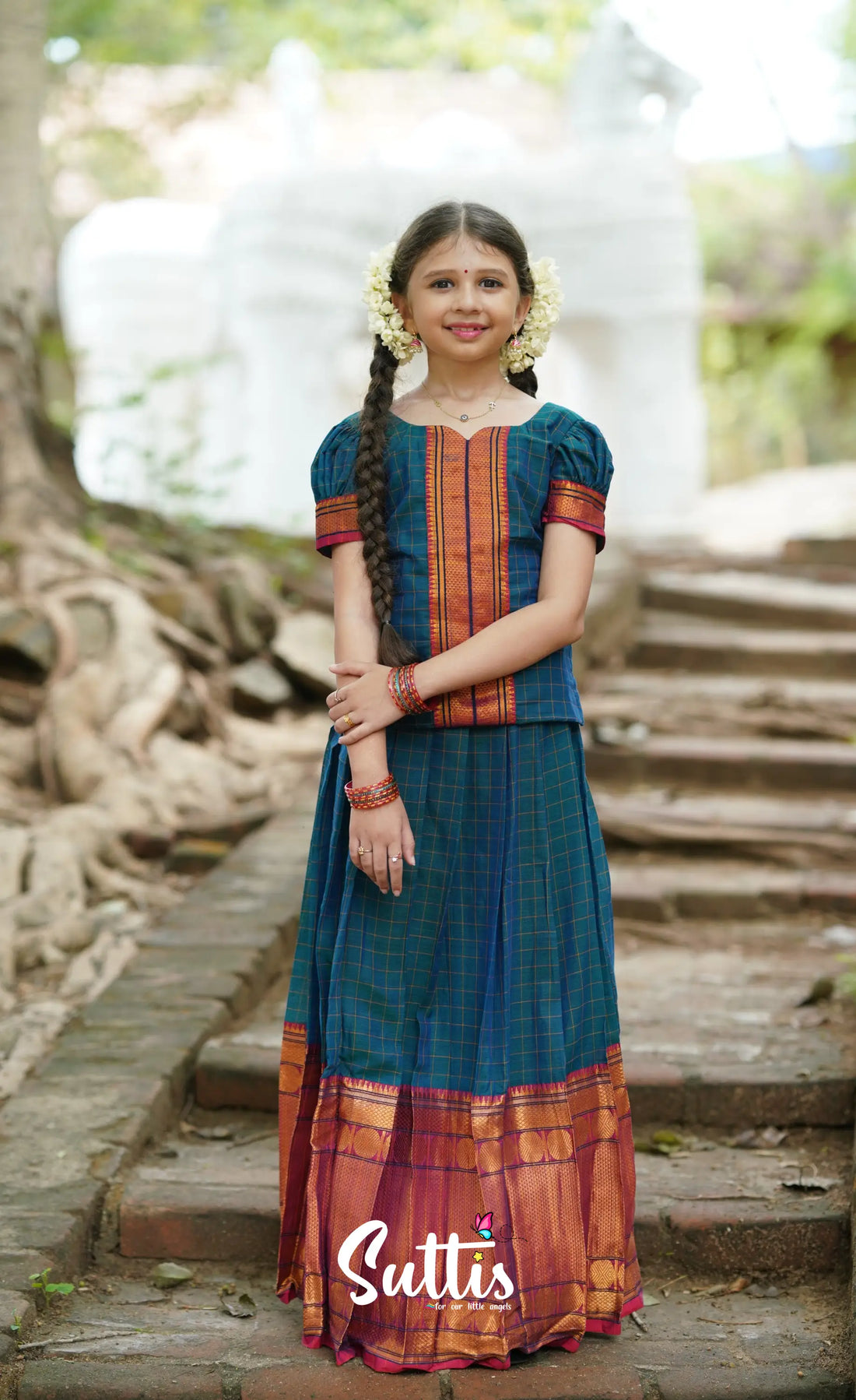 Padmaja Cotton Pavadai Sattai - Peacock Blue Kids-Suttis