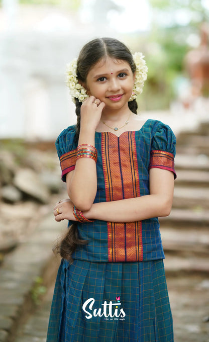 Padmaja Cotton Pavadai Sattai - Peacock Blue Kids-Suttis