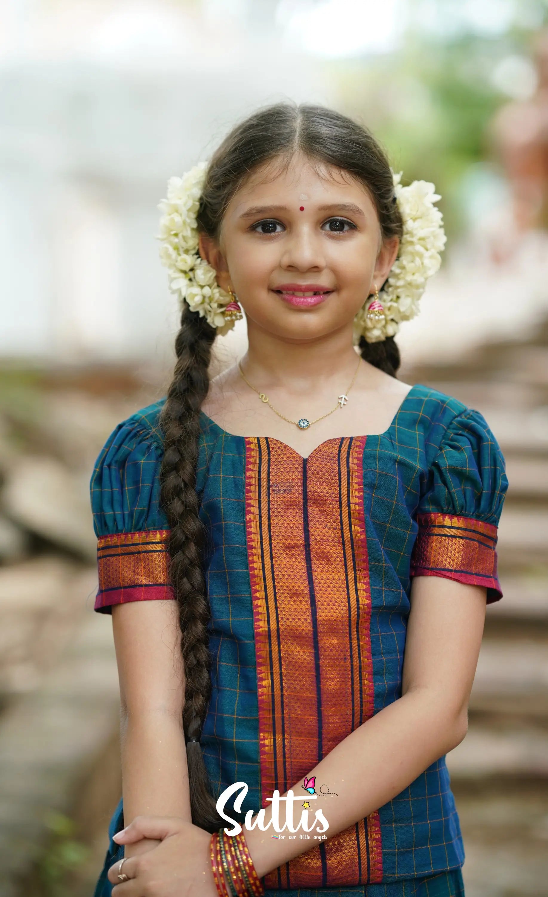 Padmaja Cotton Pavadai Sattai - Peacock Blue Kids-Suttis