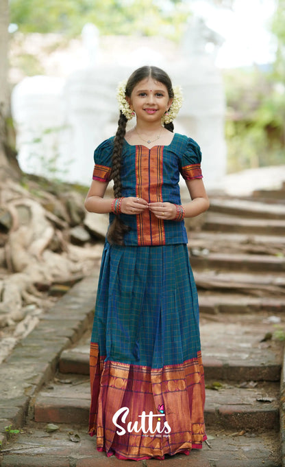 Padmaja Cotton Pavadai Sattai - Peacock Blue Kids-Suttis