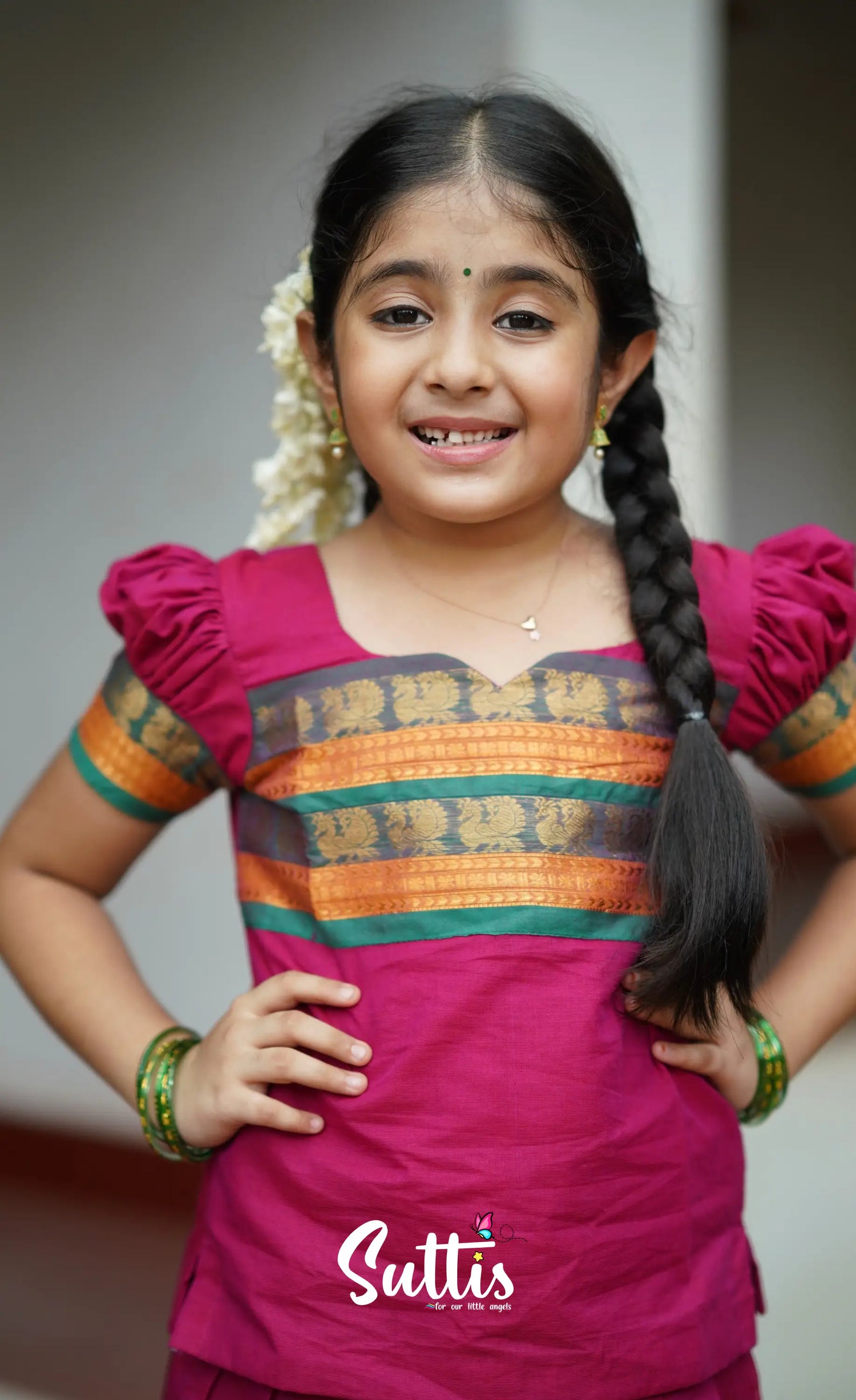 Padmaja Cotton Pavadai Sattai - Pink Kids-Suttis