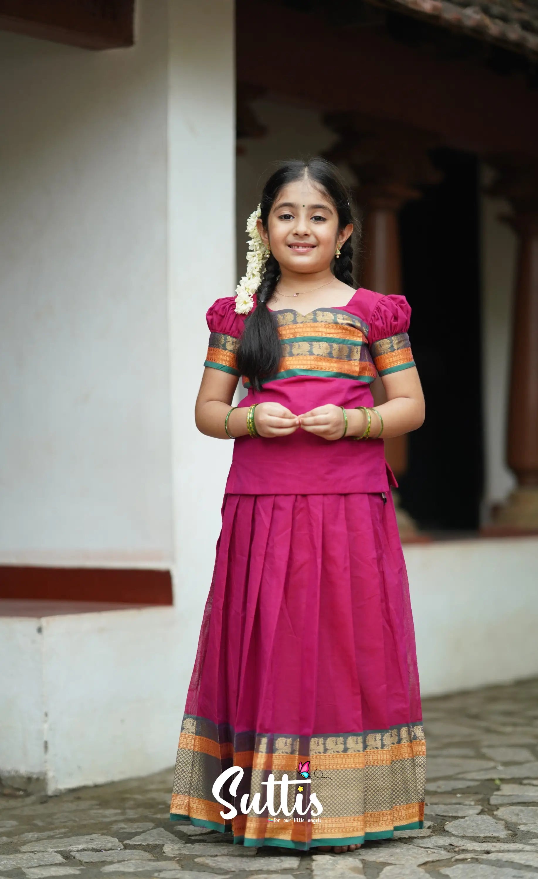 Padmaja Cotton Pavadai Sattai - Pink Kids-Suttis