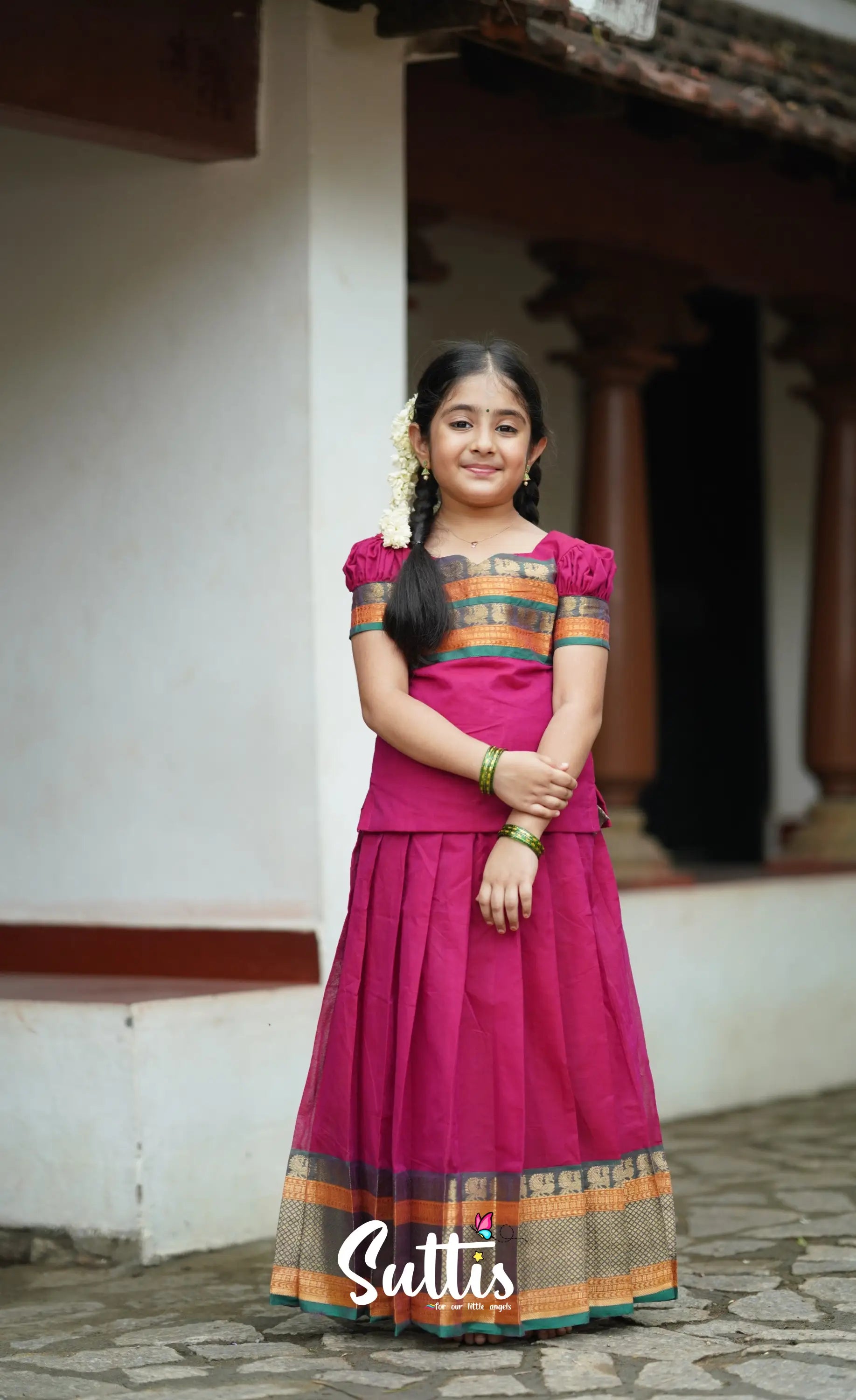 Padmaja Cotton Pavadai Sattai - Pink Kids-Suttis