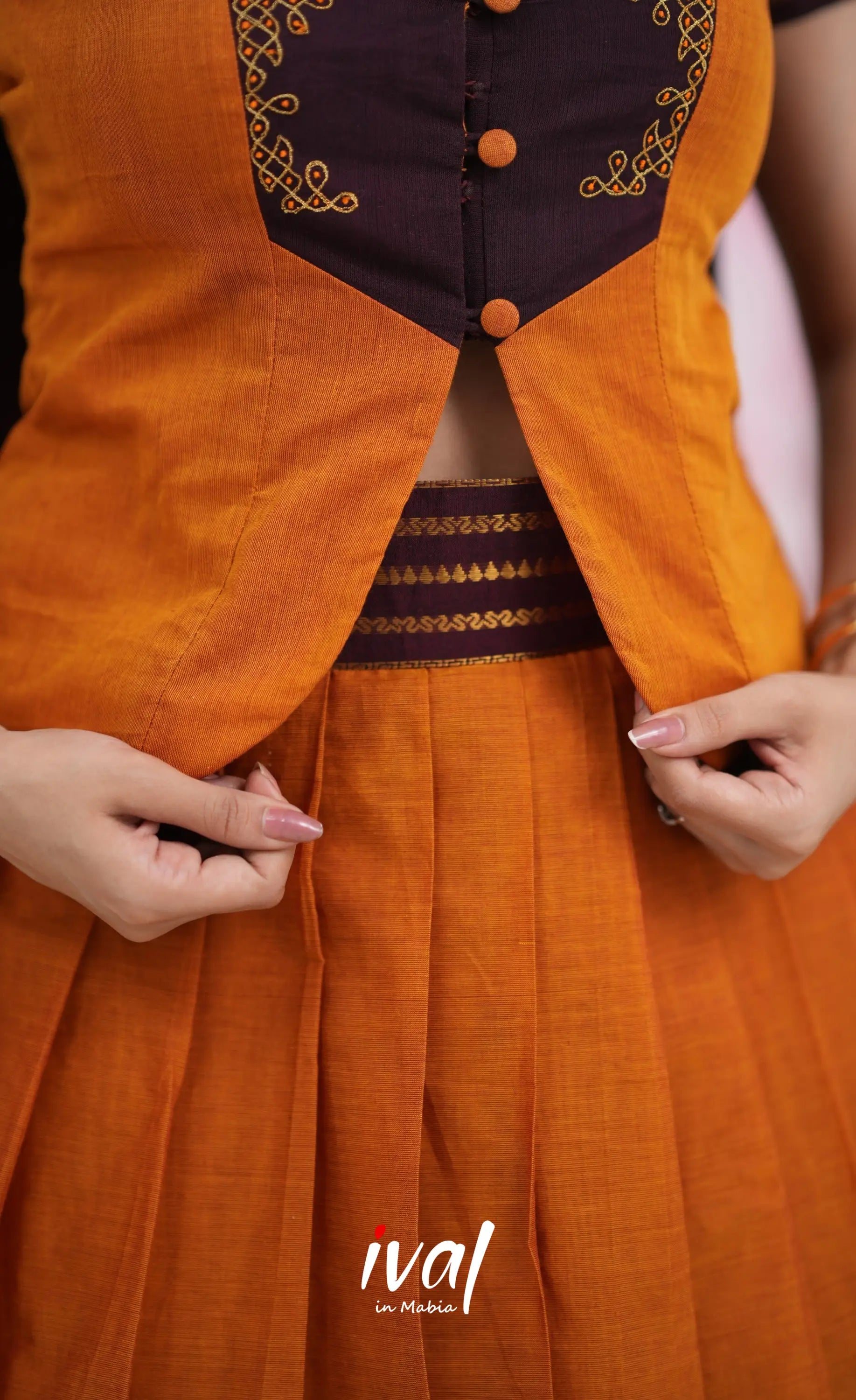 Padmaja Cotton Skirt with Longtop - Two tone Orange and Deep Wine Half Sarees