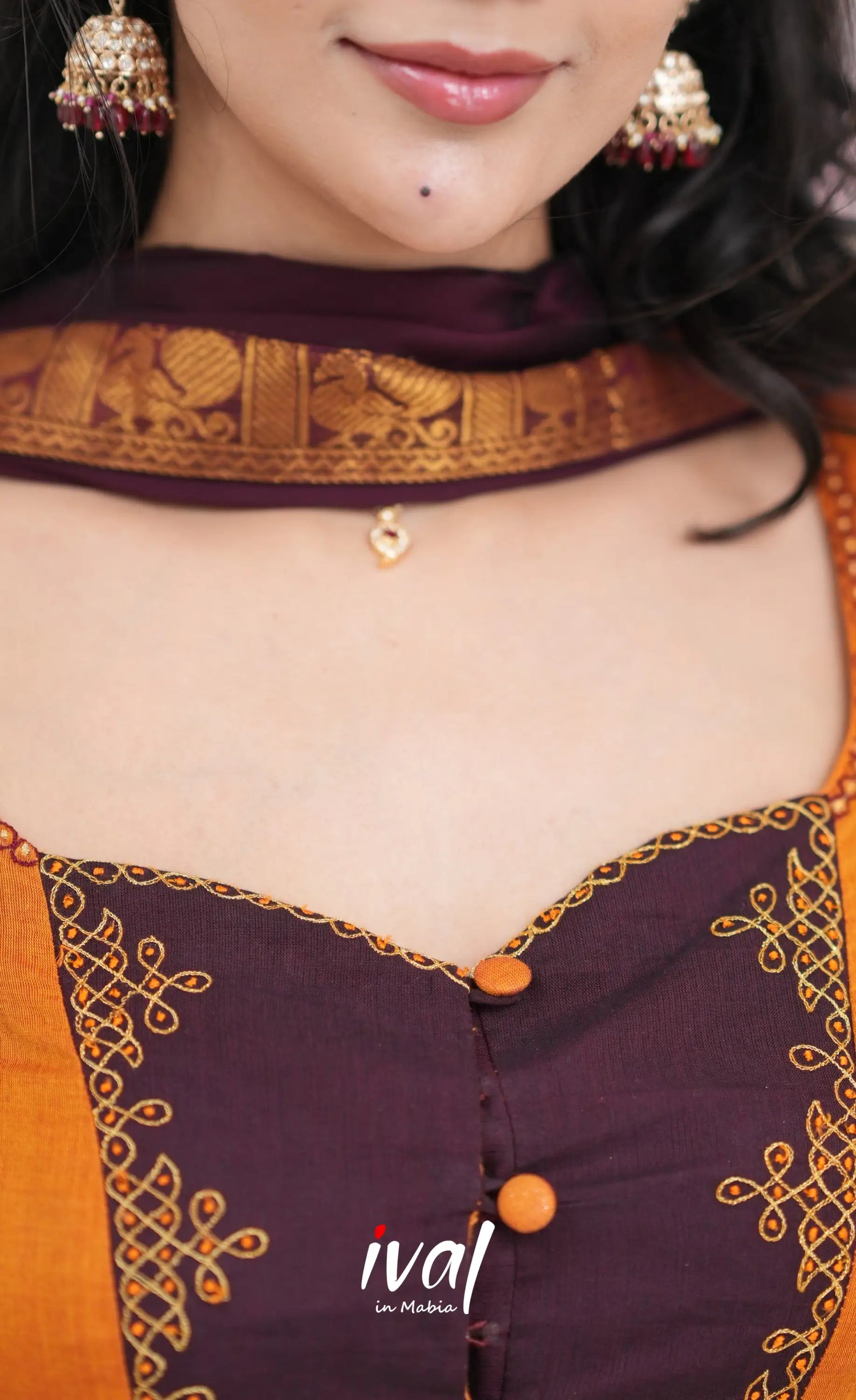 Padmaja Cotton Skirt with Longtop - Two tone Orange and Deep Wine Half Sarees