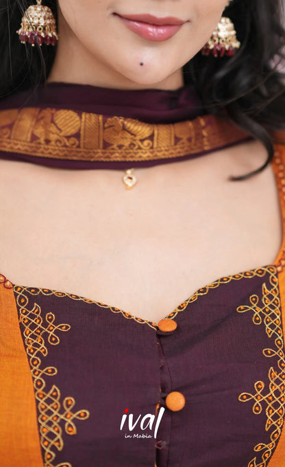 Padmaja Cotton Skirt with Longtop - Two tone Orange and Deep Wine Half Sarees