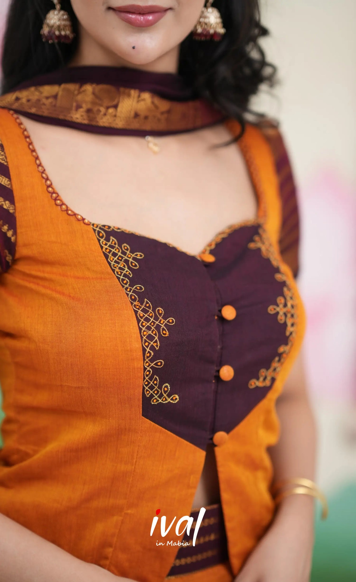 Padmaja Cotton Skirt with Longtop - Two tone Orange and Deep Wine Half Sarees