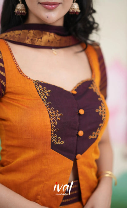 Padmaja Cotton Skirt with Longtop - Two tone Orange and Deep Wine Half Sarees