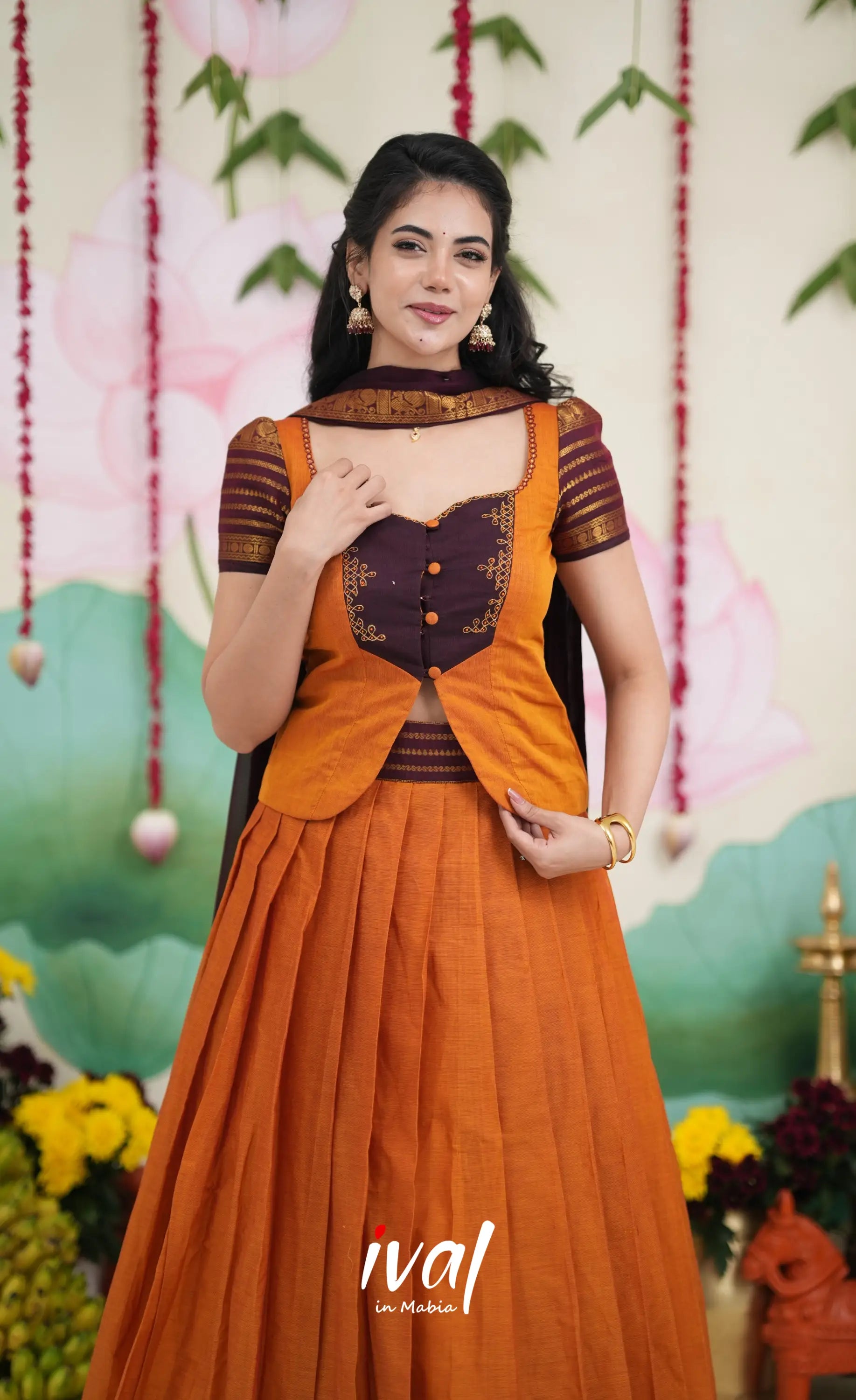 Padmaja Cotton Skirt with Longtop - Two tone Orange and Deep Wine Half Sarees