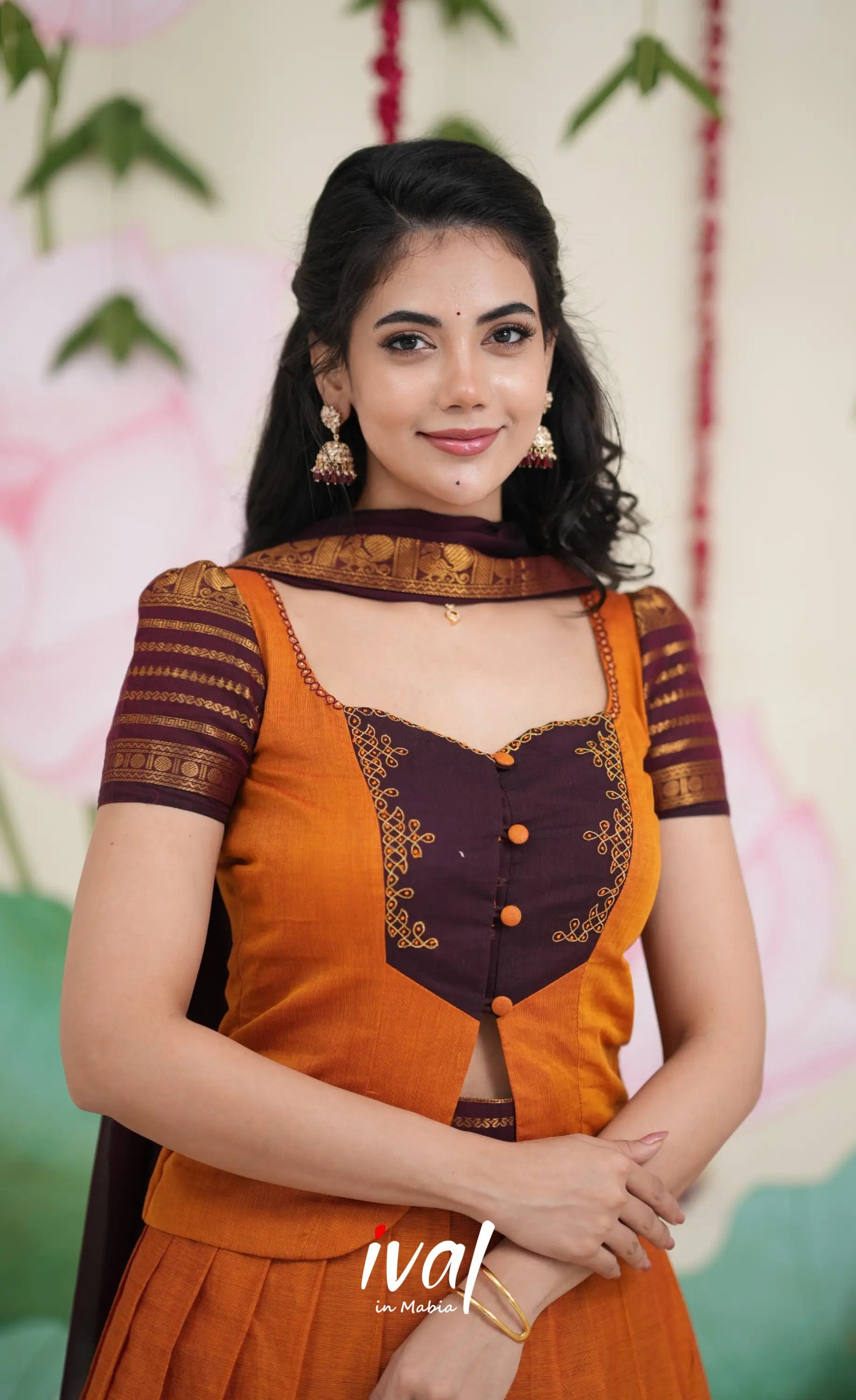 Padmaja Cotton Skirt with Longtop - Two tone Orange and Deep Wine Half Sarees