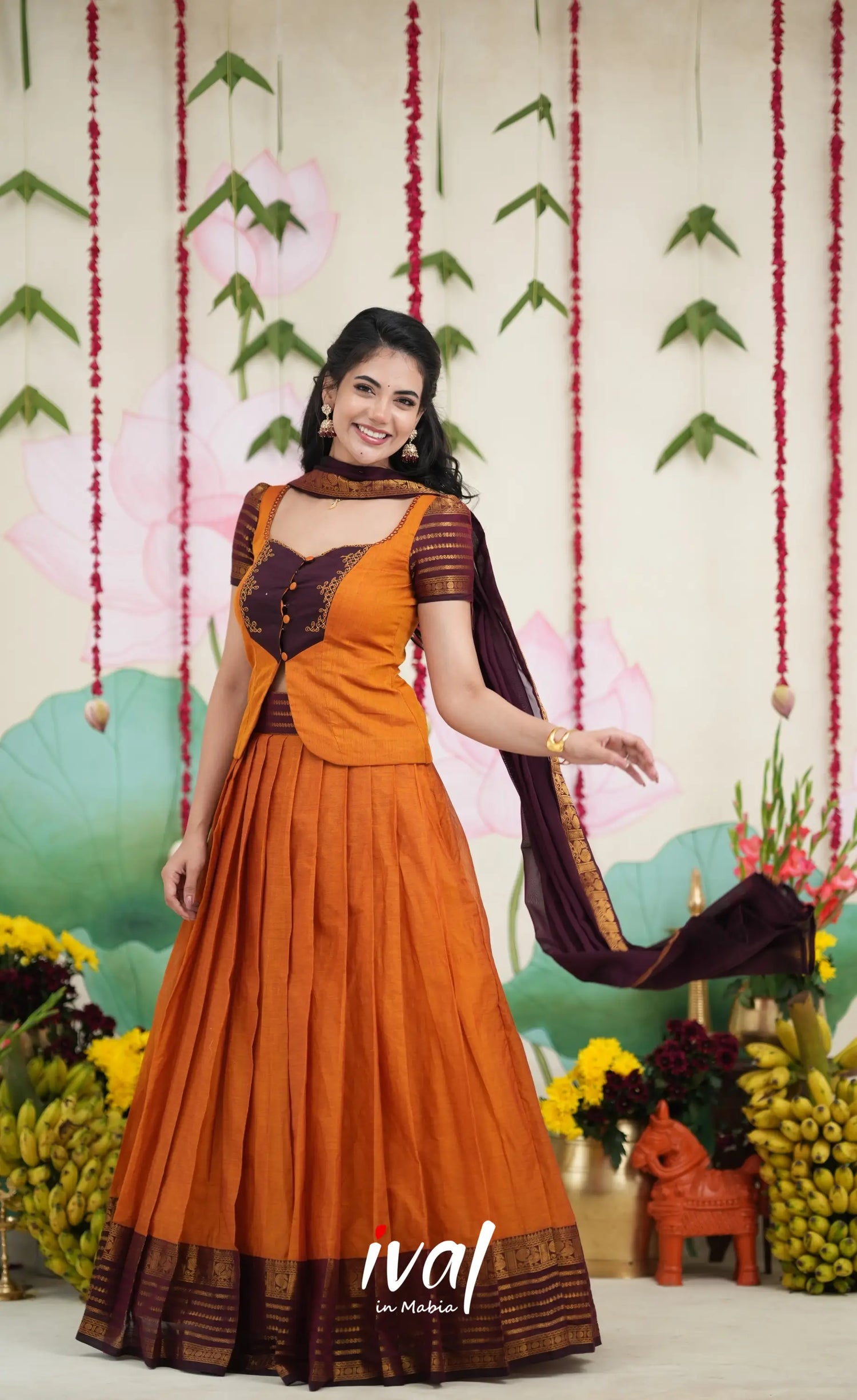 Padmaja Cotton Skirt with Longtop - Two tone Orange and Deep Wine Half Sarees