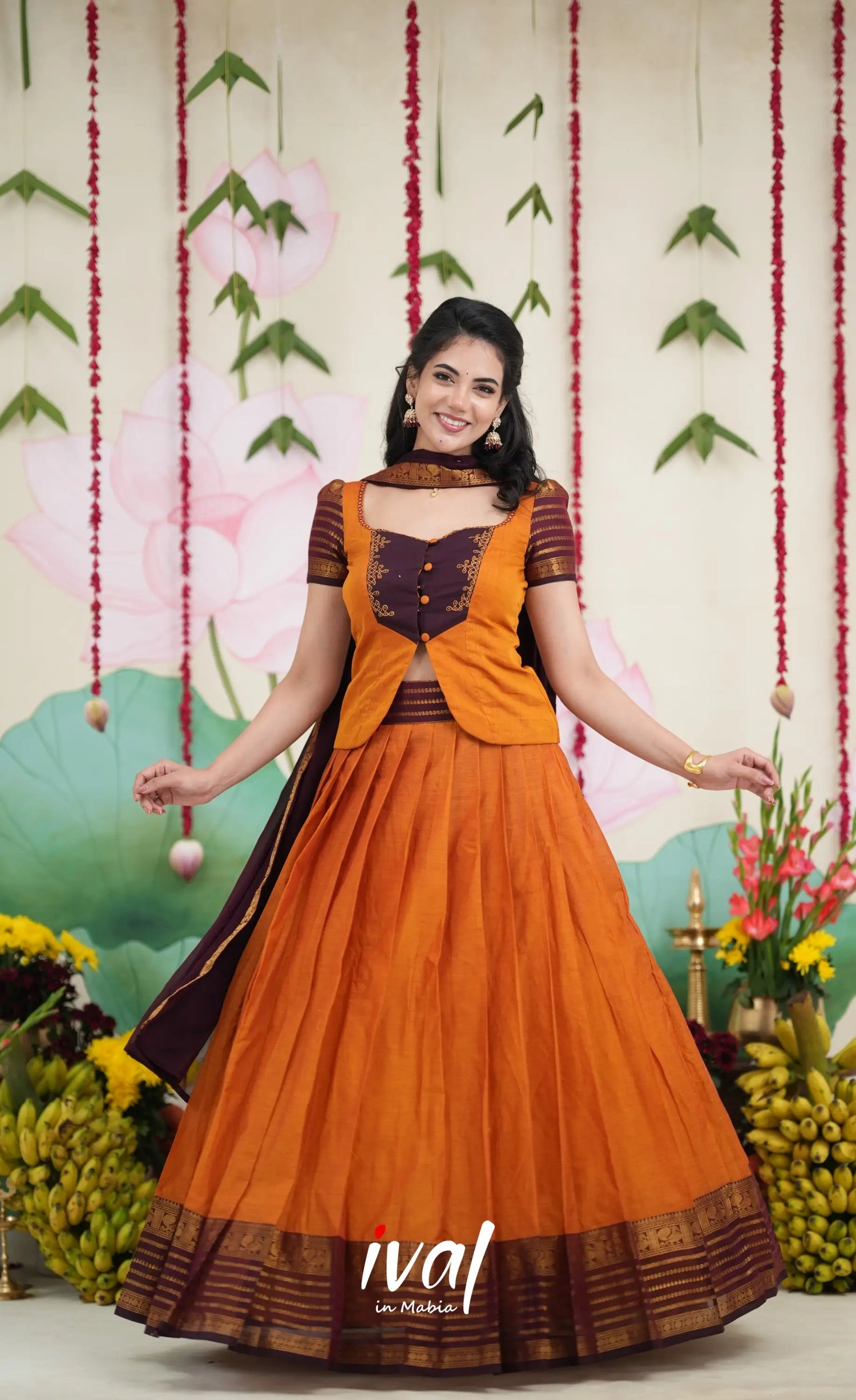 Padmaja Cotton Skirt with Longtop - Two tone Orange and Deep Wine Half Sarees