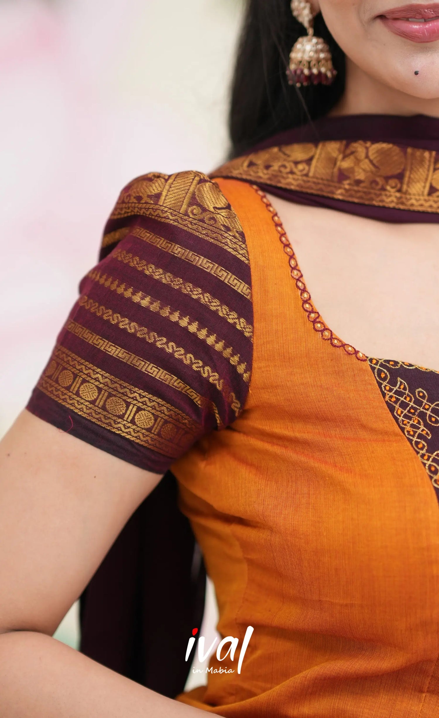 Padmaja Cotton Skirt with Longtop - Two tone Orange and Deep Wine Half Sarees