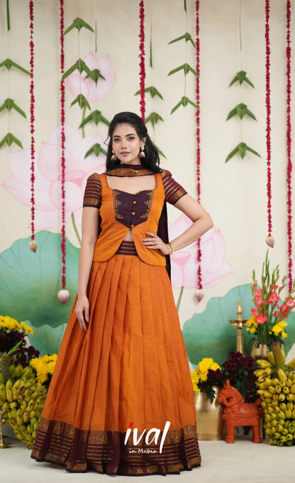 Padmaja Cotton Skirt with Longtop - Two tone Orange and Deep Wine Half Sarees