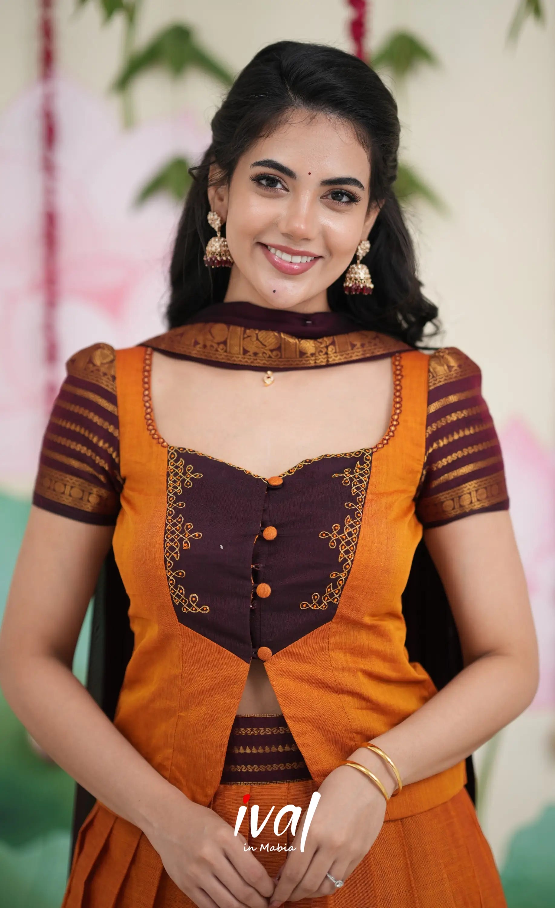 Padmaja Cotton Skirt with Longtop - Two tone Orange and Deep Wine Half Sarees